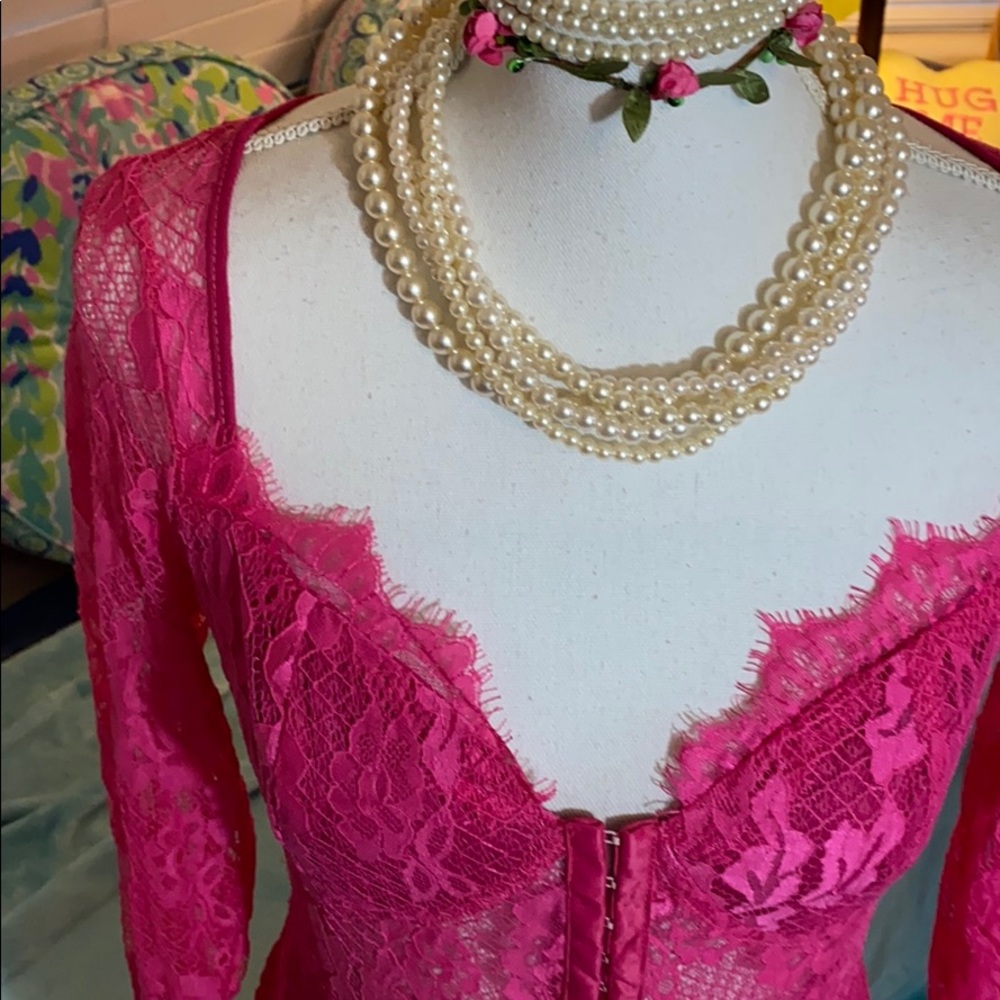 Bustier Lace Mini Dress | Large | Hook-Eye Corset, Magenta, Floral Lace - Picture 4 of 15